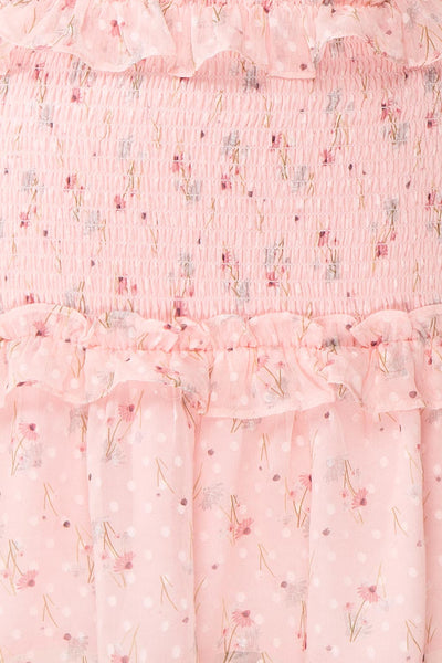 Paulina Pink Floral Short Dress w/ Frills | Boutique 1861 fabric