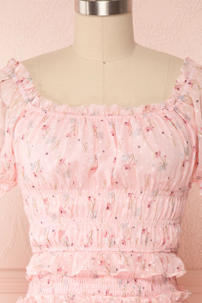Paulina Pink Floral Short Dress w/ Frills | Boutique 1861 front close up