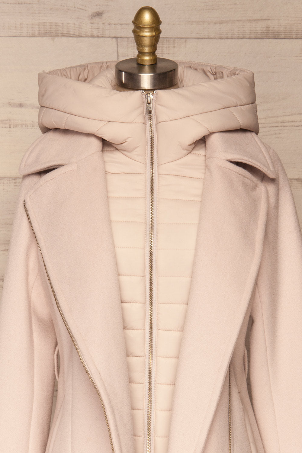 Perla Beige Pink Hooded Felt Trench Coat | La Petite Garçonne front close-up open 