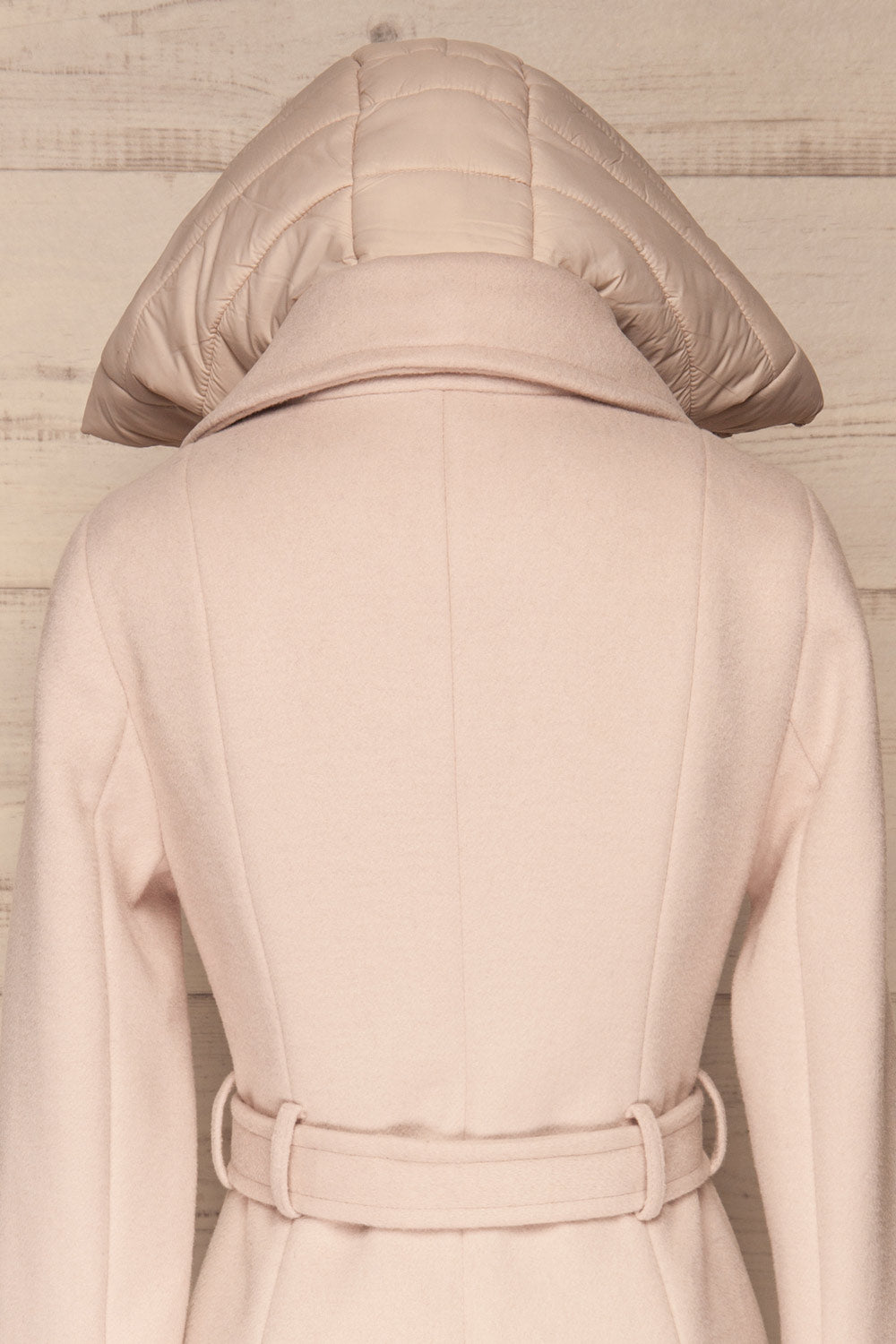 Perla Beige Pink Hooded Felt Trench Coat | La Petite Garçonne back close-up hood