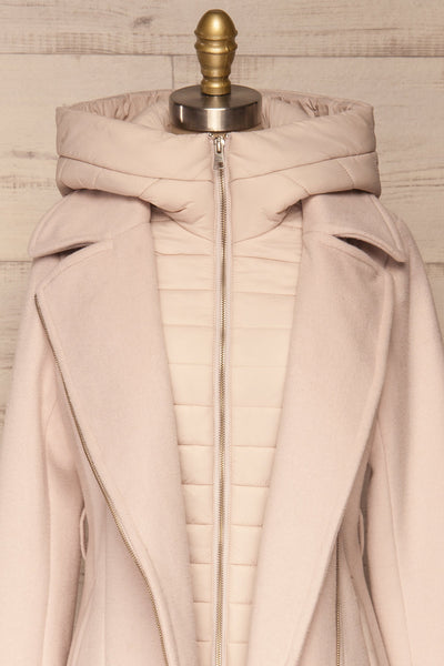 Perla Beige Pink Hooded Felt Trench Coat | La Petite Garçonne front close-up open