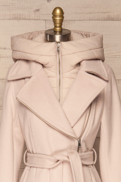 Perla Beige Pink Hooded Felt Trench Coat | La Petite Garçonne front close-up
