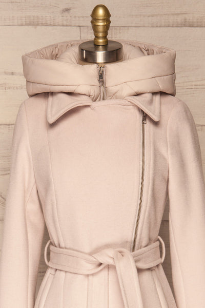 Perla Beige Pink Hooded Felt Trench Coat | La Petite Garçonne front close-up full attached