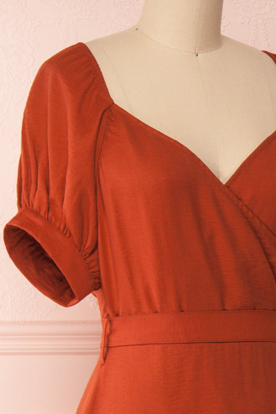 Piastow Rust Orange Short Sleeve Midi Dress | Boutique 1861 side close-up