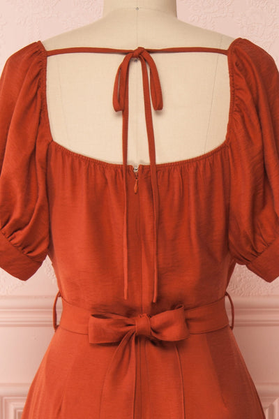 Piastow Rust Orange Short Sleeve Midi Dress | Boutique 1861   back close-up