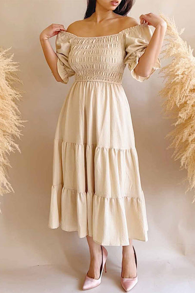 Pierra Beige Tiered Midi Dress w/ Half-Sleeves | Boutique 1861 on model