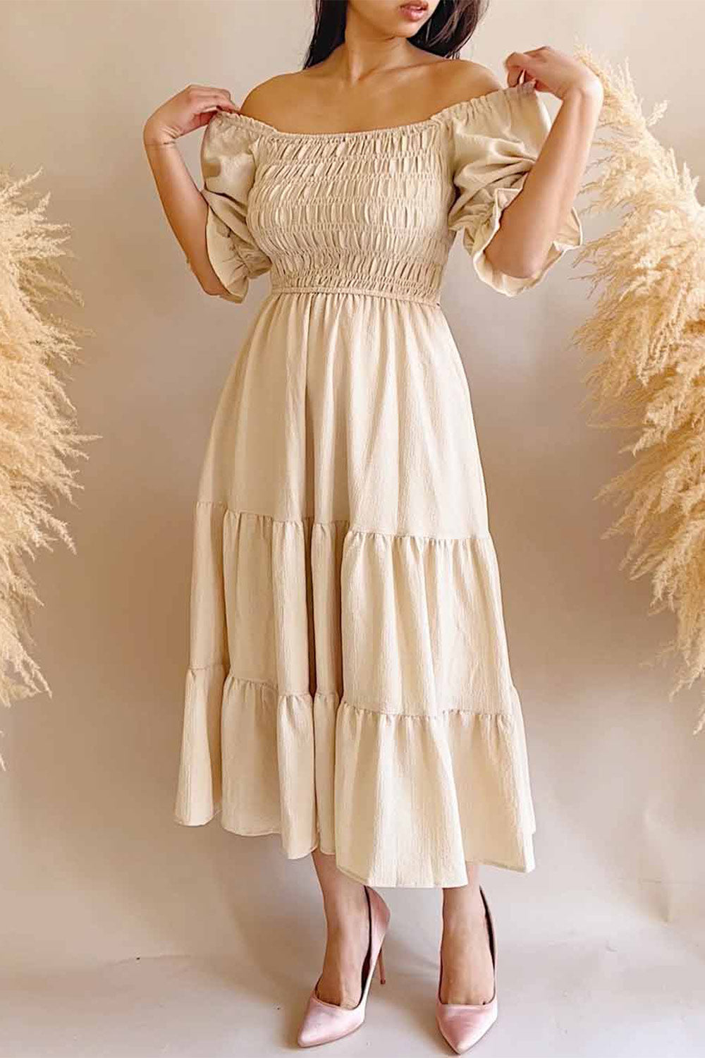 Pierra Ivory Tiered Midi Dress w/ Half-Sleeves | Boutique 1861 on model