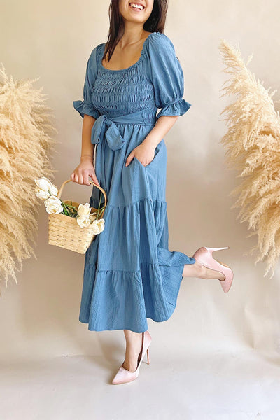 Pierra Blue Tiered Midi Dress w/ Half-Sleeves | Boutique 1861 on model