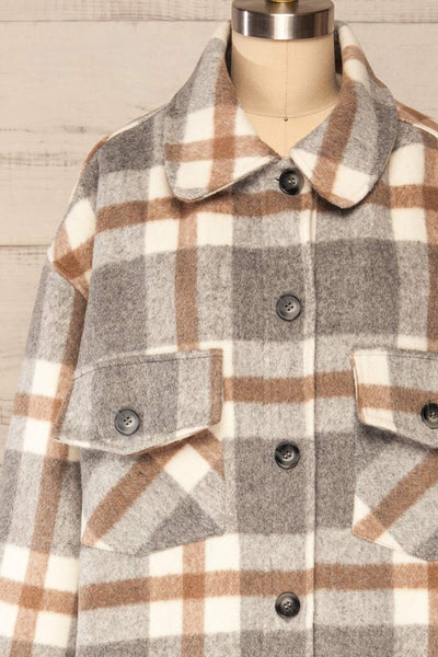 Pietrapaolo Grey Plaid Wool Shirt Jacket | La petite garçonne frotn close up