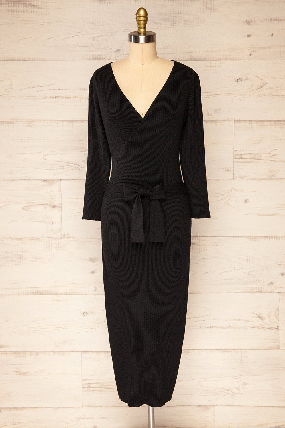 Pirot Black Long Sleeve Wrap Midi Dress | La petite garçonne front view 