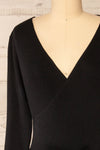 Pirot Black Long Sleeve Wrap Midi Dress | La petite garçonne front close-up