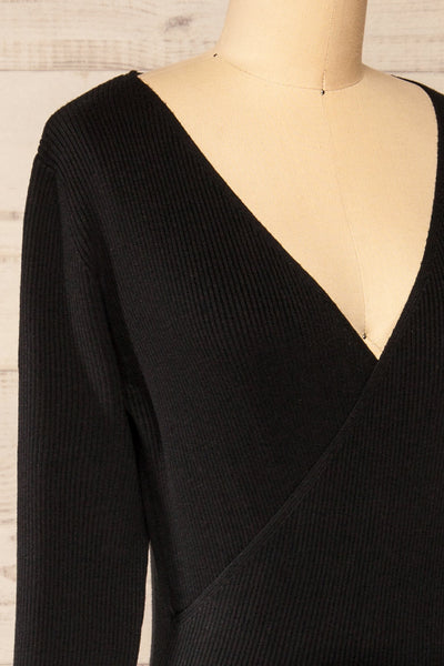 Pirot Black Long Sleeve Wrap Midi Dress | La petite garçonne side close-up