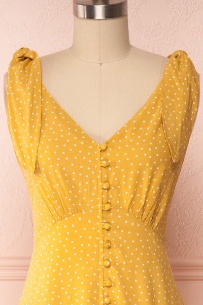 Plaucia Yellow Polka Dot A-Line Midi Dress front close up | Boutique 1861