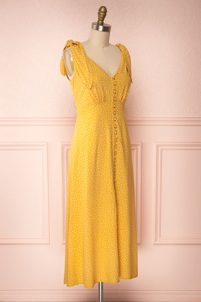 Plaucia Yellow Polka Dot A-Line Midi Dress side view | Boutique 1861