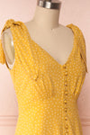 Plaucia Yellow Polka Dot A-Line Midi Dress side close up | Boutique 1861
