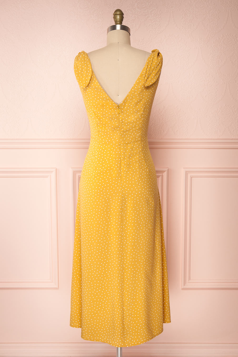Plaucia Yellow Polka Dot A-Line Midi Dress back view | Boutique 1861