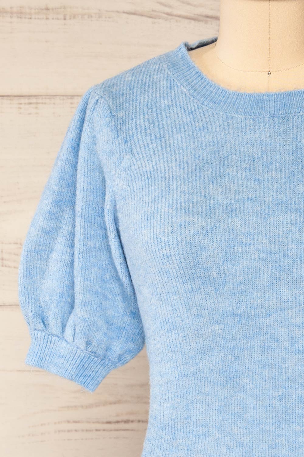 Polikh Blue Puffy Sleeve Knit Top | La petite garçonne front close-up