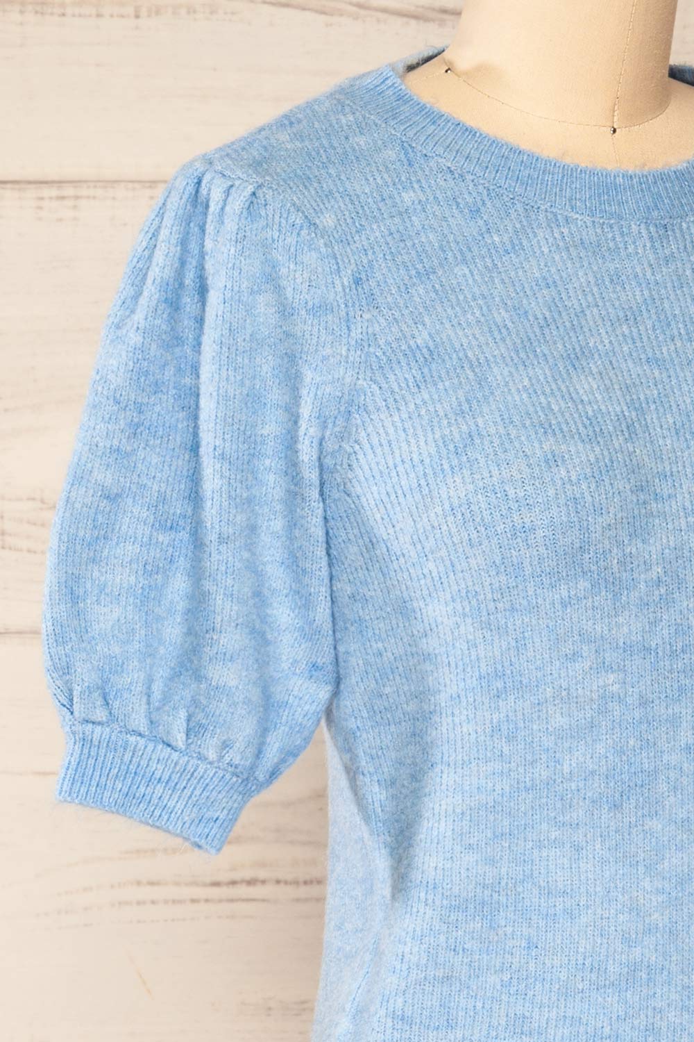 Polikh Blue Puffy Sleeve Knit Top | La petite garçonne side close-up