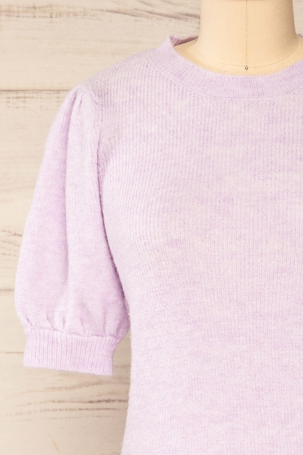 Polikh Lilac Puffy Sleeve Knit Top | La petite garçonne front close-up