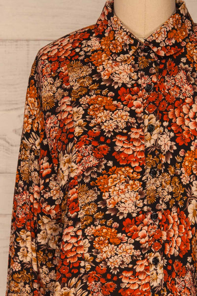 Pozega Black Floral Print Shirt | La petite garçonne  front close-up