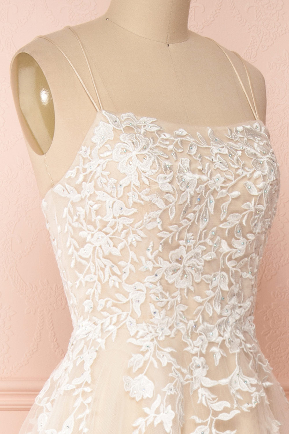 Primrose Beige Embroidered Bridal Dress | Boudoir 1861 side close-up