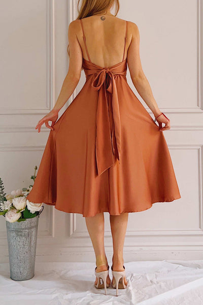 Prudence Rust Silky Midi Dress| Boutique 1861 on model