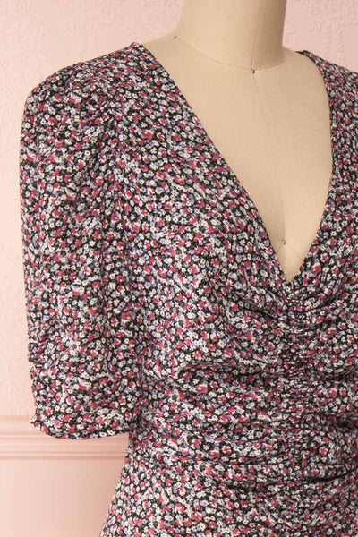Queluz Black Floral Maxi Dress w/ Slit | Boutique 1861 side close-up