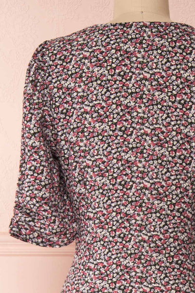 Queluz Black Floral Maxi Dress w/ Slit | Boutique 1861 back close-up