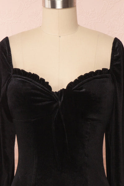 Quincey Black Short Velvet Dress | Boutique 1861 front close up