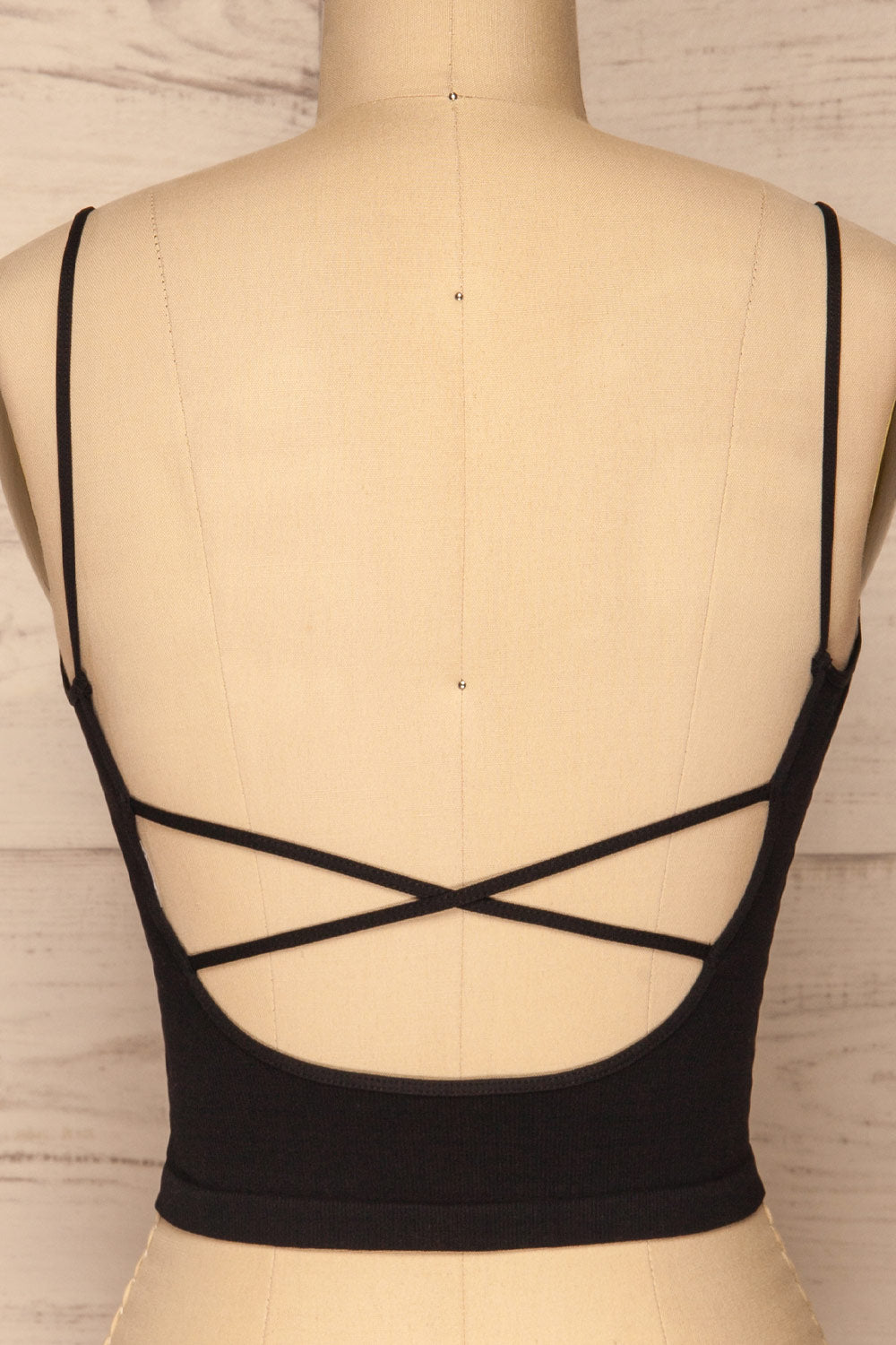 Qyppa Black Fitted Crossed Back Crop Top | La petite garçonne back close-up