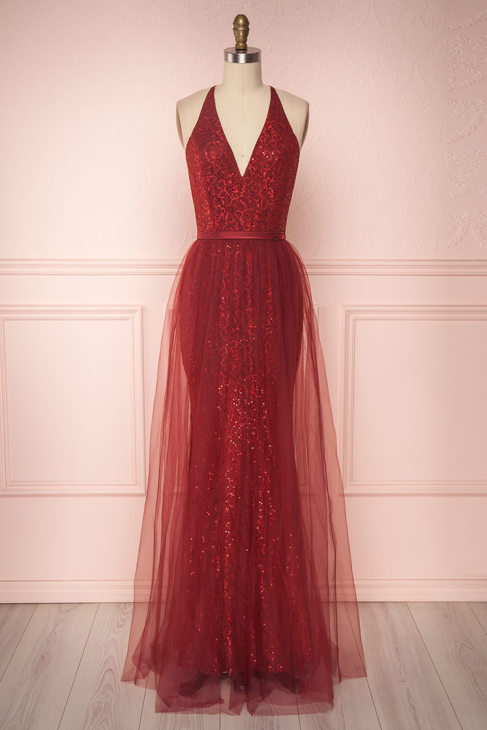 Rada Burgundy Lace & Sequins Tulle Maxi Prom Dress | Boutique 1861