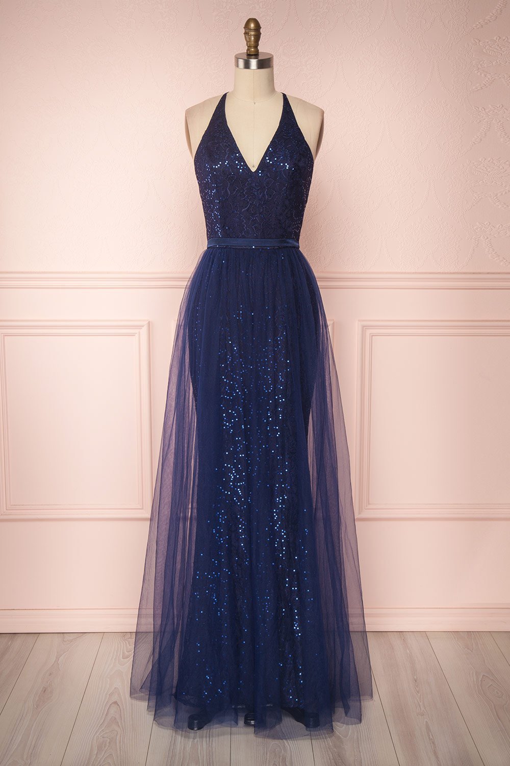 Rada Navy Blue Lace & Sequins Tulle Maxi Prom Dress | Boutique 1861