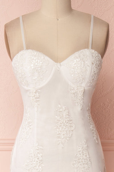 Raimere White Bustier Fitted Dress with Feather Train | Boudoir 1861