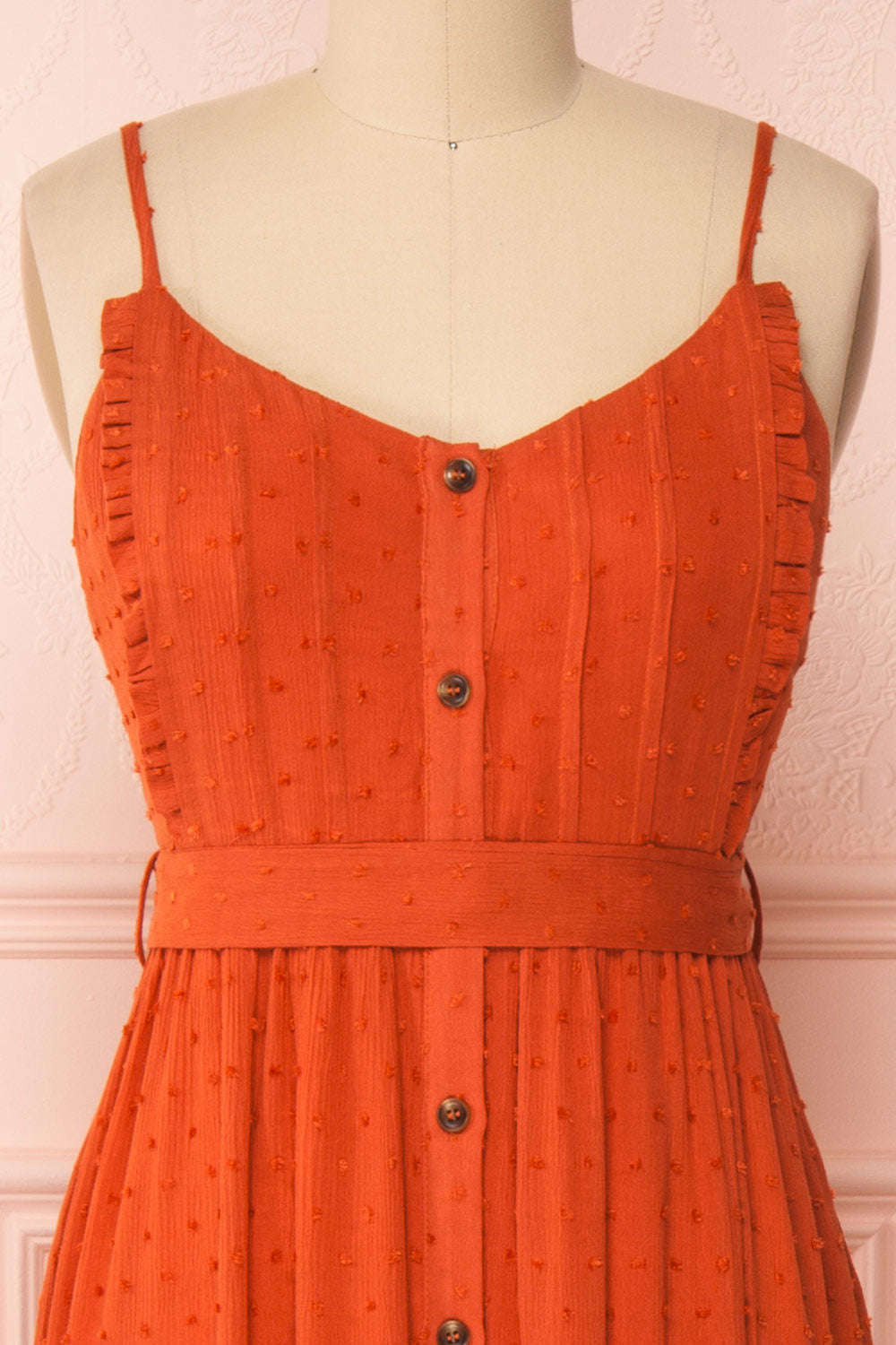 Rajani Rust Orange Crepe Layered Midi Dress | Boutique 1861 front close-up