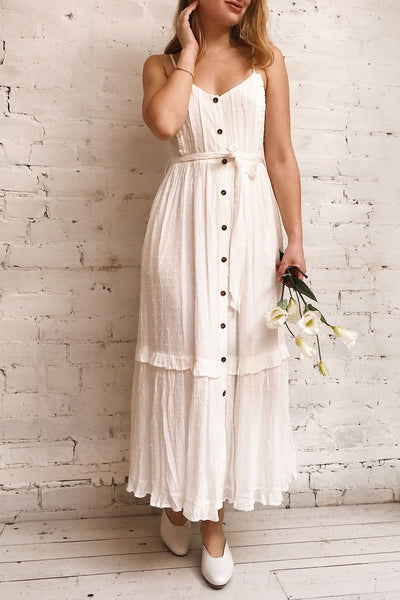 Rajani White Crepe Layered Midi Dress | Boutique 1861 on model
