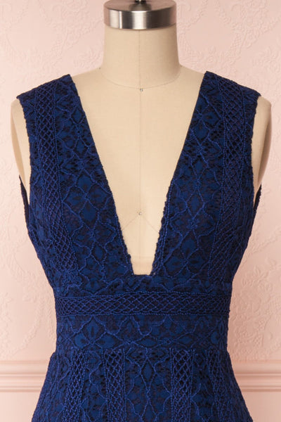 Rashmi Navy Crocheted Lace Mermaid Maxi Dress front close up | Boudoir 1861