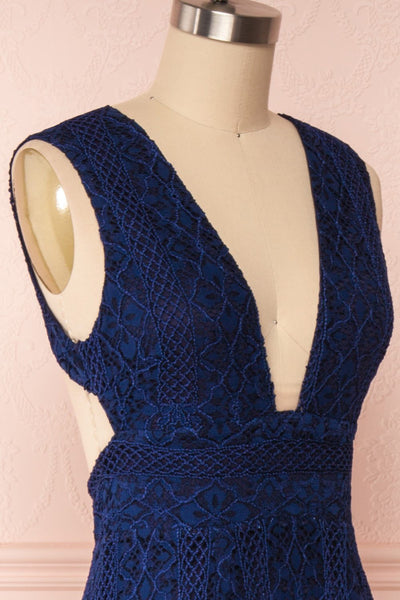 Rashmi Navy Crocheted Lace Mermaid Maxi Dress side close up | Boudoir 1861