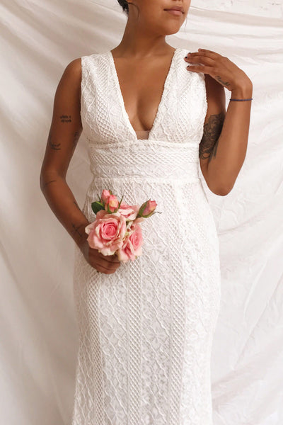 Rashmi White Crocheted Lace Mermaid Bridal Dress | Boudoir 1861 on model