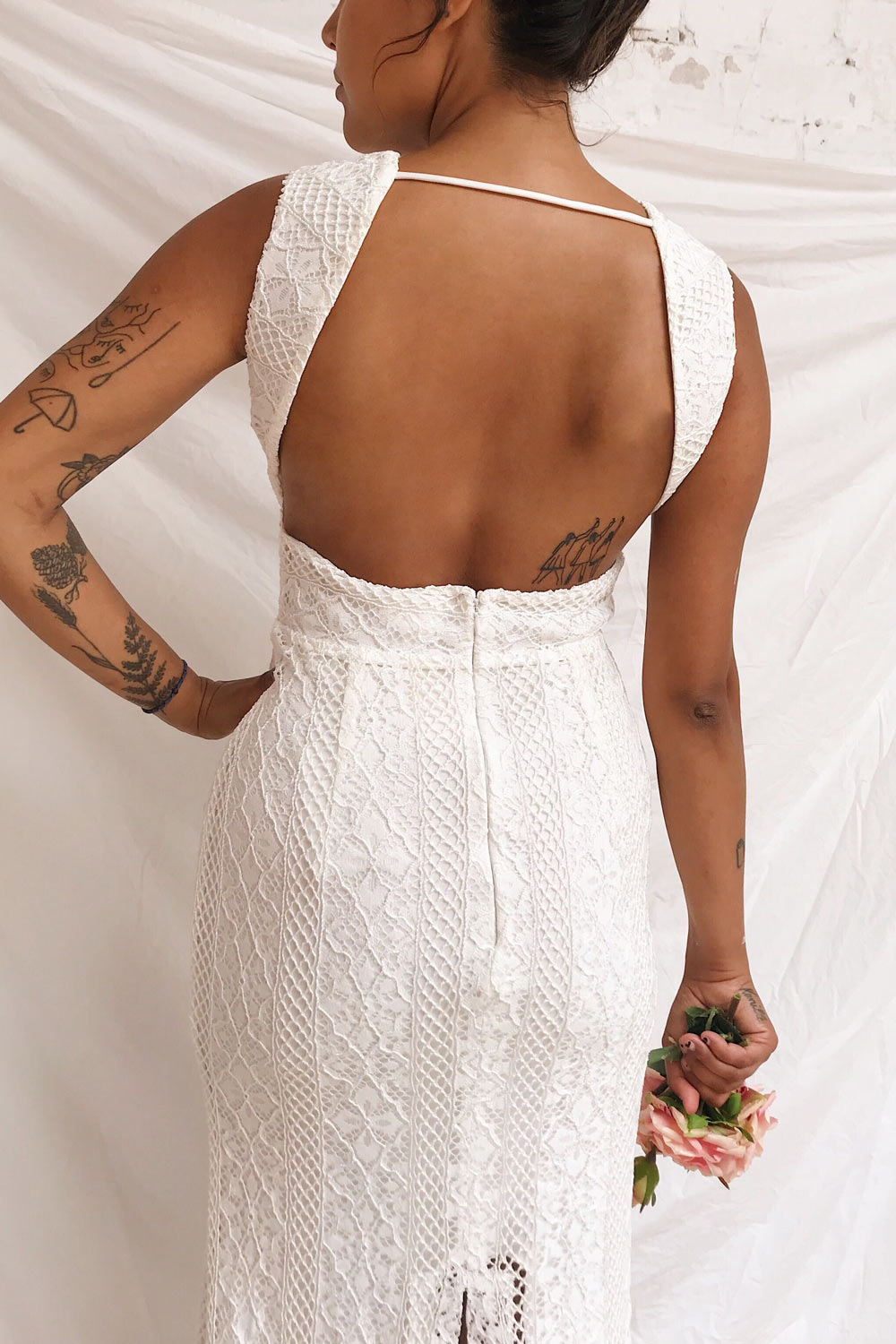 Rashmi White Crocheted Lace Mermaid Bridal Dress | Boudoir 1861 back model