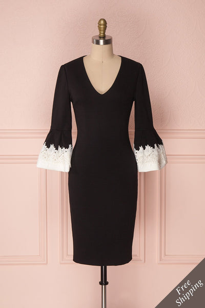 Rastrel Black Fitted Cocktail Dress with Bell Sleeves | Boutique 1861