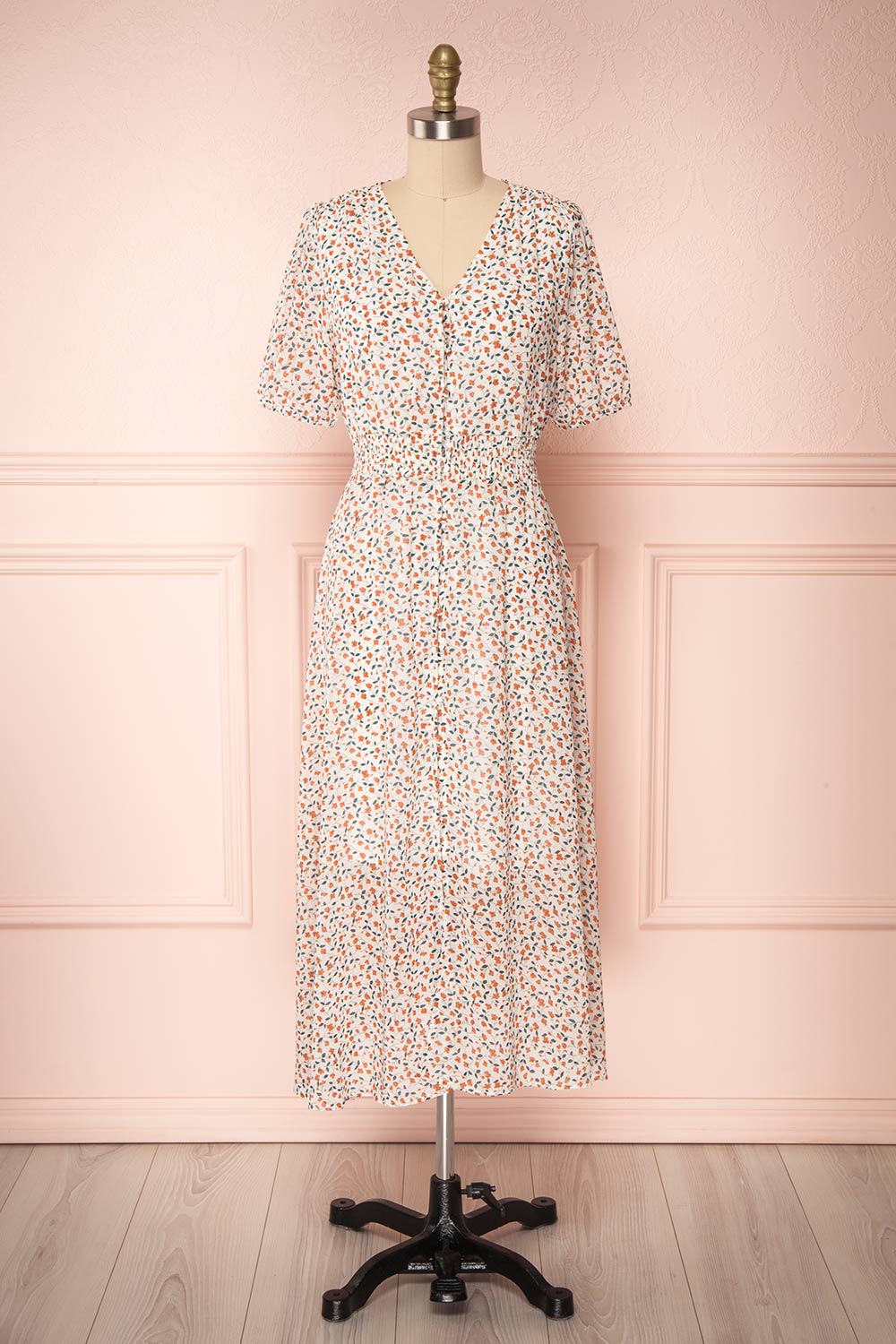 Raunui Cream Floral Button-Up A-Line Dress | FRONT VIEW | Boutique 1861