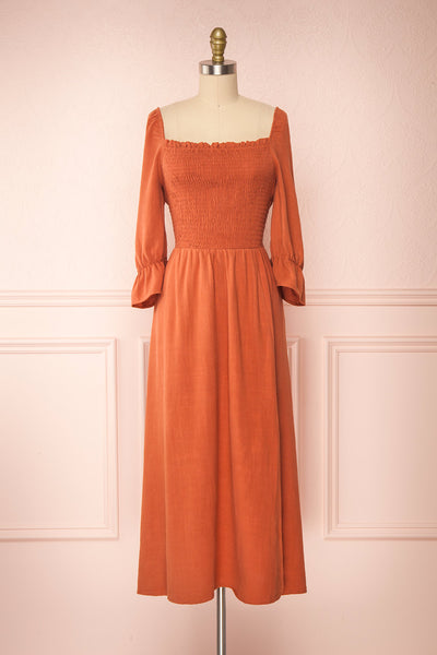 Reatha Rust Orange Linen Half Sleeve Dress | Boutique 1861 front view