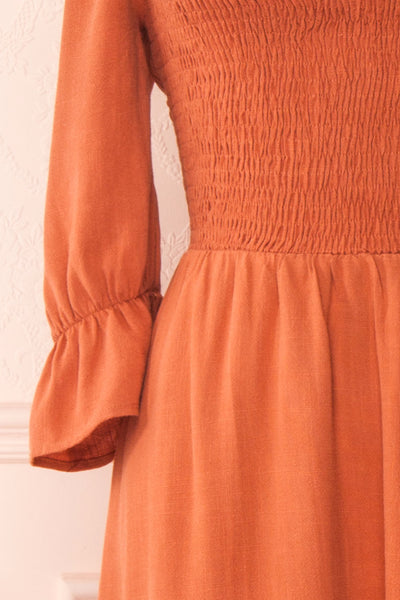 Reatha Rust Orange Linen Half Sleeve Dress | Boutique 1861 sleeve