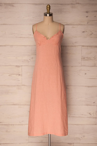 Redonda Pink Ruffled Neckline Linen Summer Dress | La Petite Garçonne