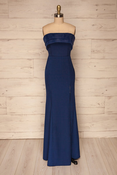 Rezina Navy Blue Strapless Maxi Dress | La petite garçonne front view