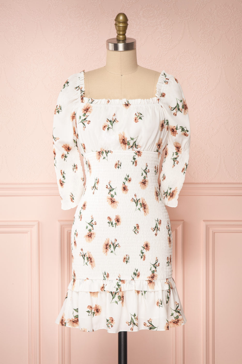 Riley White Floral Ruched Short Dress | Boutique 1861 back view