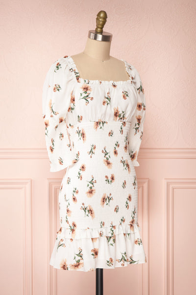 Riley White Floral Ruched Short Dress | Boutique 1861 side view