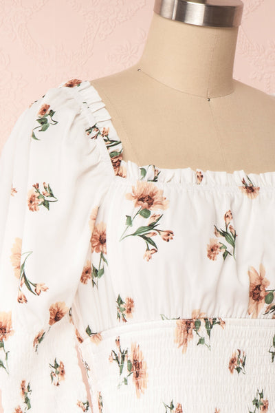Riley White Floral Ruched Short Dress | Boutique 1861 side close up