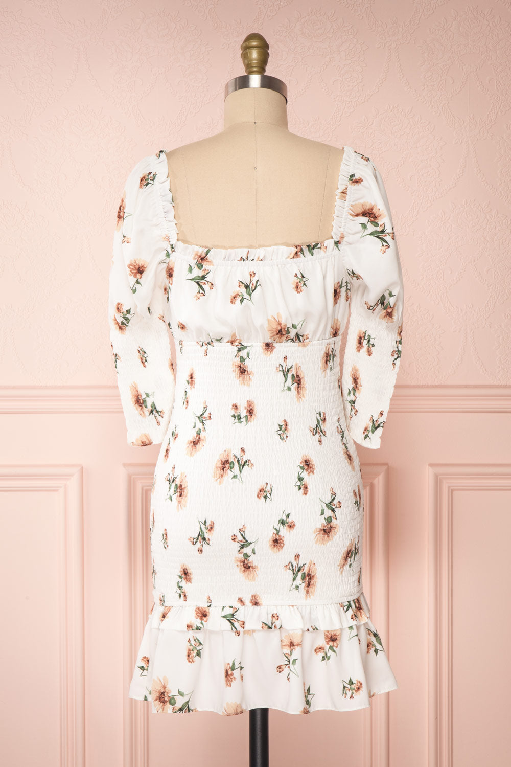 Riley White Floral Ruched Short Dress | Boutique 1861 back view