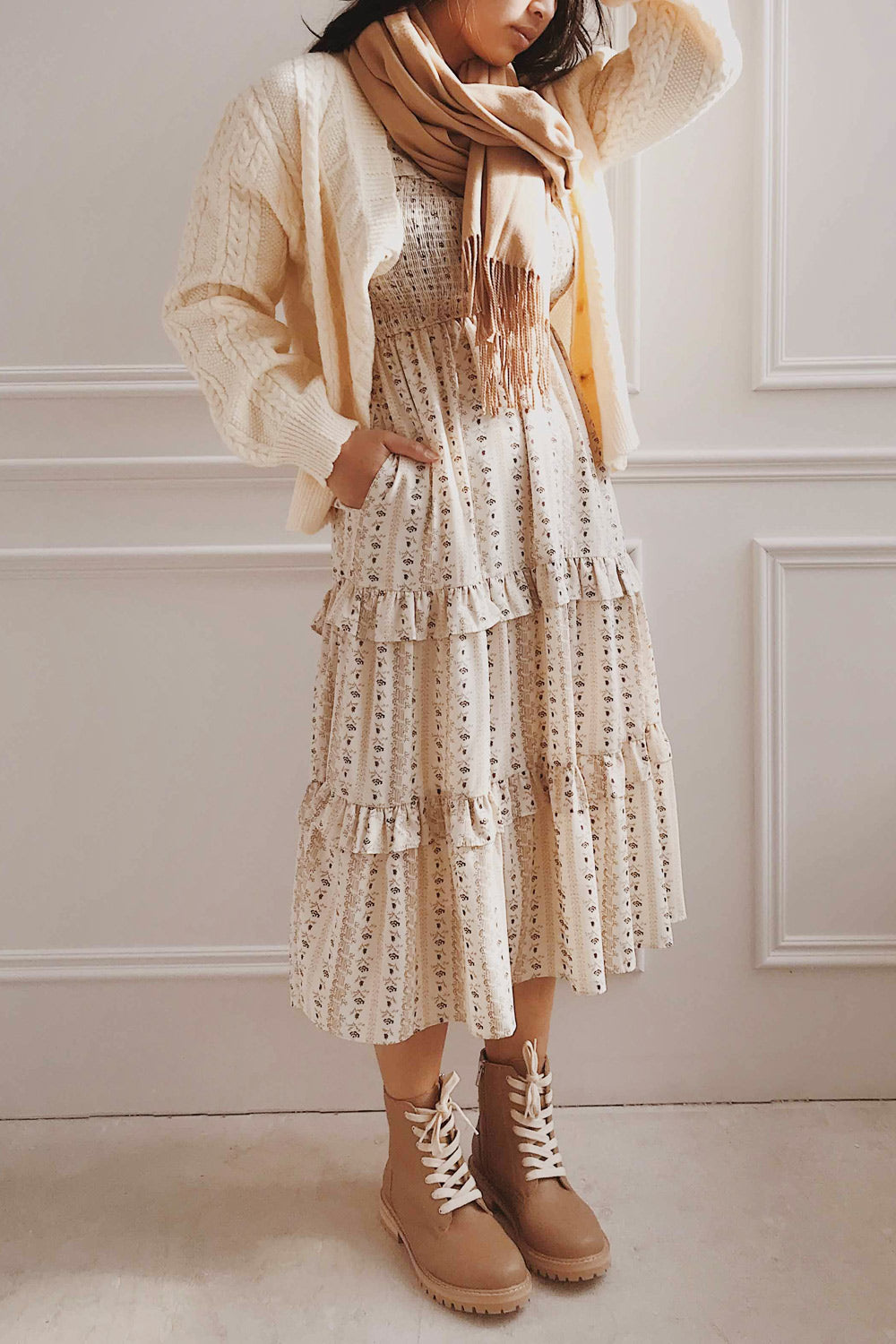 Midi Cotton Dress With Belt Handmade Cotton Multicolored Dress 3/4 Sleeves  -  Canada
